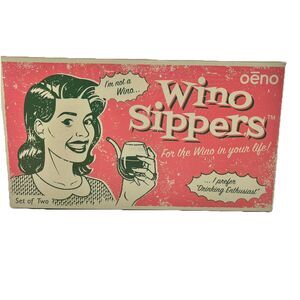 Oeno Wino Sipping Glasses NEW Straw Attached Set Of 2 Barware Wine Kitschy Fun